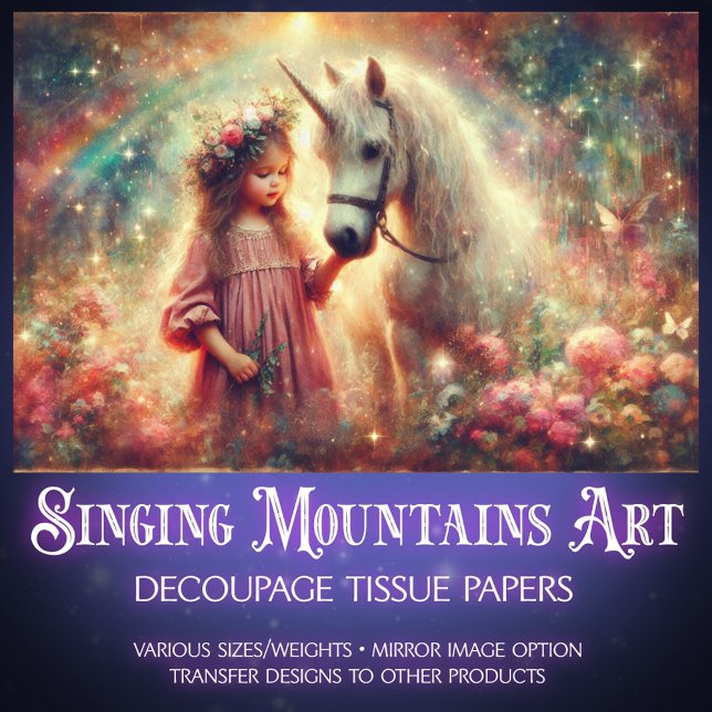 Papier Mousseline Unicorn and Child in Enchanted Woods Decoupage (Créateur téléchargé)