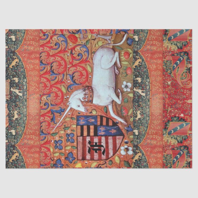 PAPIER MOUSSELINE UNICORN, FLEURS D'IMAGINAIRE MÉDIÉVAL, MONOGRAMME  (Recto)