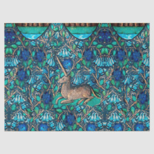 Papier Mousseline UNICORN PARMI LES FLEURS BLEUES Aqua Blue Green Fl
