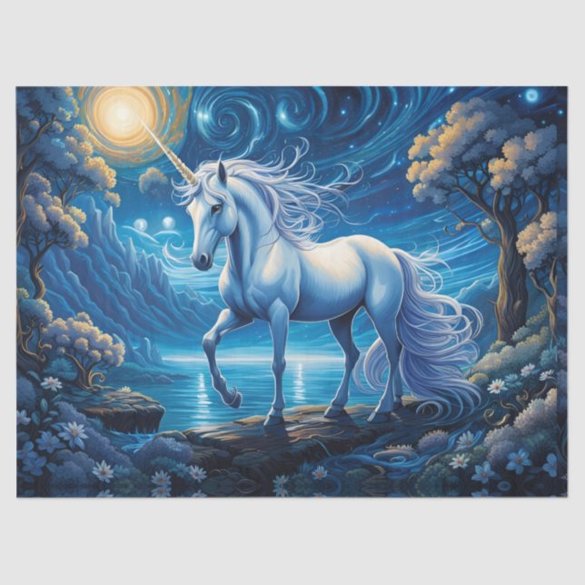 Papier Mousseline Unicorne blanche en Pleine lune bleue (Recto)