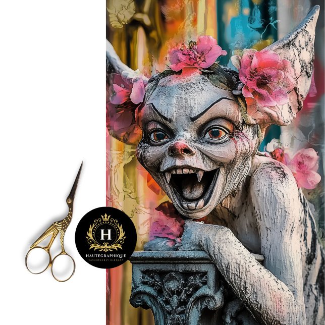 Papier Mousseline Unique Gothique Gargoyle Fleurs Roses Découpage (Créateur téléchargé)