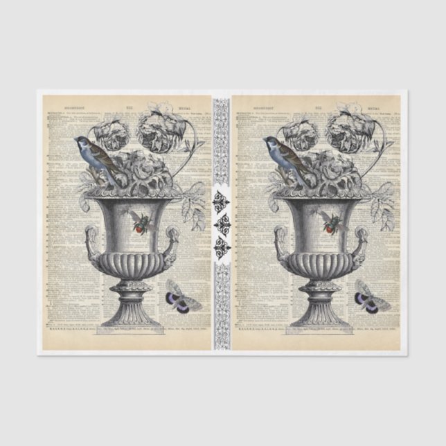 Papier Mousseline Urne florale avec oiseaux et abeilles (Recto)