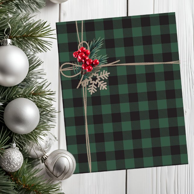 Papier Mousseline Vacances Rustiques De Buffle Vert Et Noir Plaid (Rustic Green And Black Buffalo Plaid Holiday Tissue Paper)