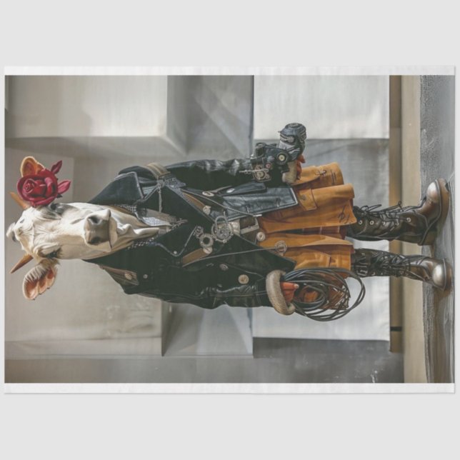 Papier Mousseline Vache de ferme dame habillée travail à la dénoupag (Recto)