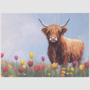Papier Mousseline Vache des Highlands dans un champ de tulipes dérou