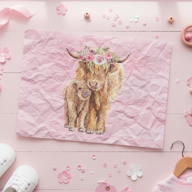 Papier Mousseline Vache des Highlands Écosse Rose Maman Petit Veau (Créateur téléchargé)