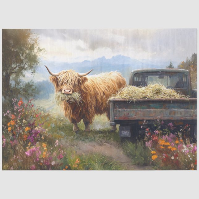 Papier Mousseline Vache des Highlands mangeant du foin Art Découpage (Recto)