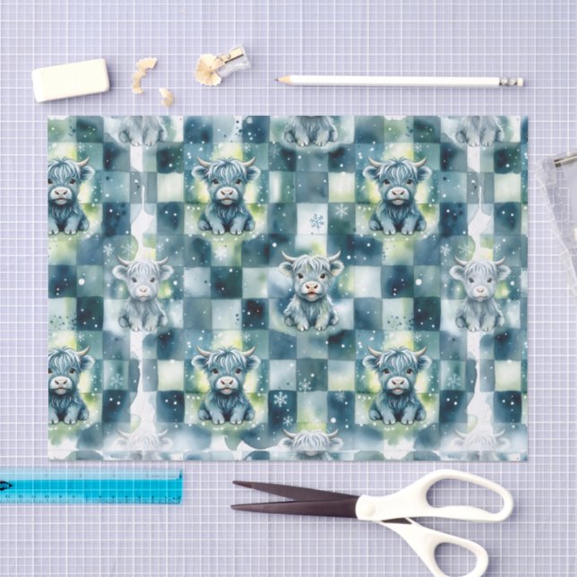 Papier Mousseline Vache Highland à carreaux bleus neige hiver (Artisanat)