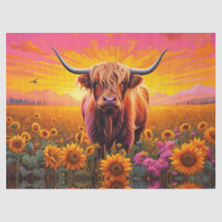 Papier Mousseline Vache Highland dans les tournesols à Sunrise