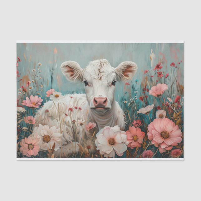 Papier Mousseline Vache Highland mignonne avec Cosmos pour découpage (Recto)
