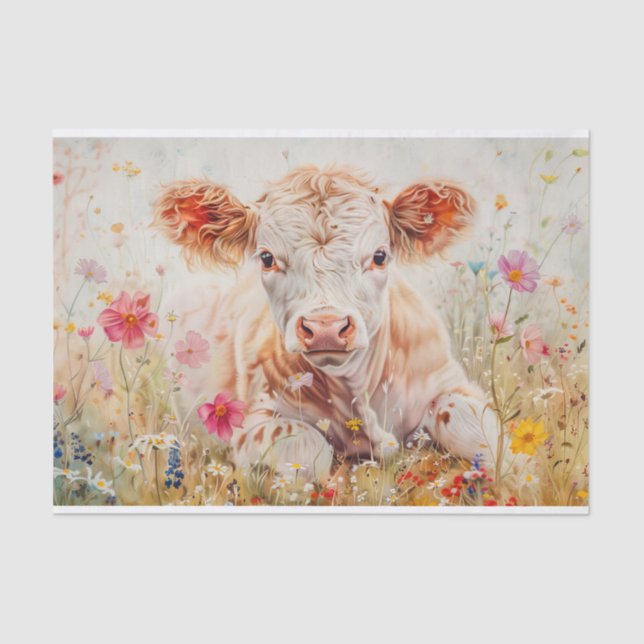 Papier Mousseline Vache Highland mignonne avec Fleurs sauvages pour  (Recto)