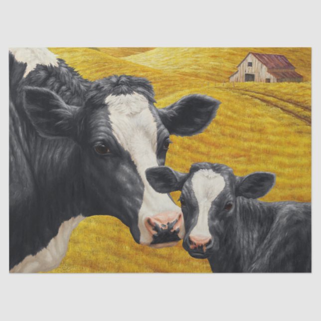 Papier Mousseline Vaches Holstein et vieille grange en bois (Recto)