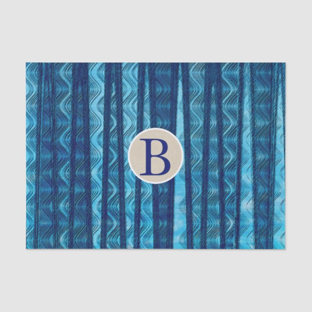 Papier Mousseline Vagues Abstraites Bleues Monogramme Initial de Pla (Recto)