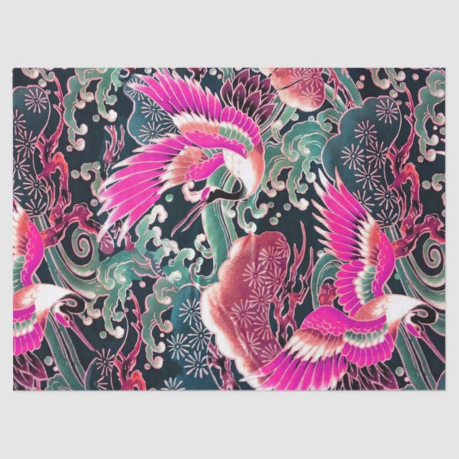 Papier Mousseline VAGUES DE CRANES VOLANTES, FLEURS Rose Floral Japo (Recto)