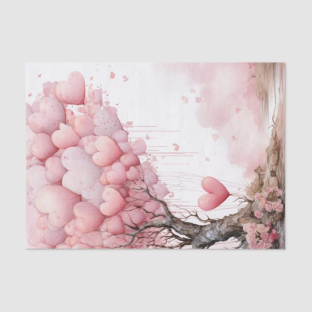 Papier Mousseline Valentine Ballons Coeur Rose Sur Un Arbre (Recto)