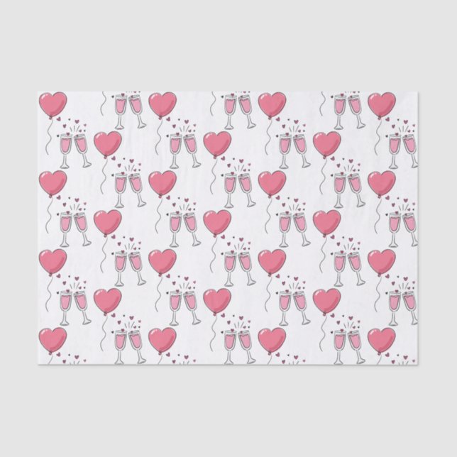 Papier Mousseline Valentine Coeur rose Ballons et Champagne (Recto)
