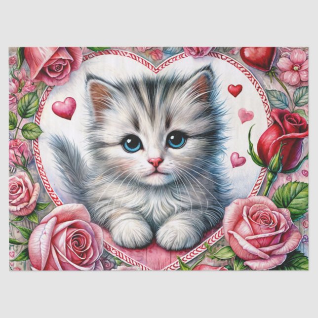 Papier Mousseline Valentine Kitten With Roses Tissue Paper (Recto)