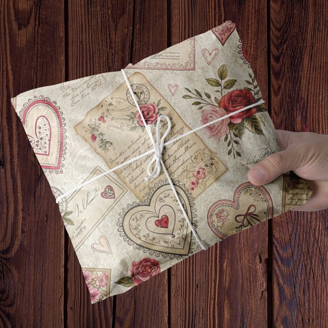 Papier Mousseline Valentines romantiques Découpage Coeurs Rose Lettr (romantic vintage wrapping tissue for anniversary valentines day)