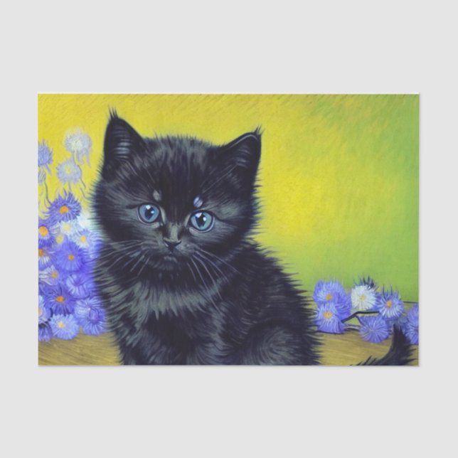 Papier Mousseline Van Gogh Chat noir Fleurs violettes (Recto)
