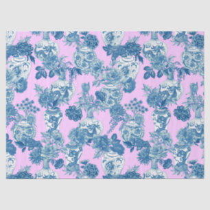 Papier Mousseline Vases chinoises bleues et Bouquet floral aquarelle