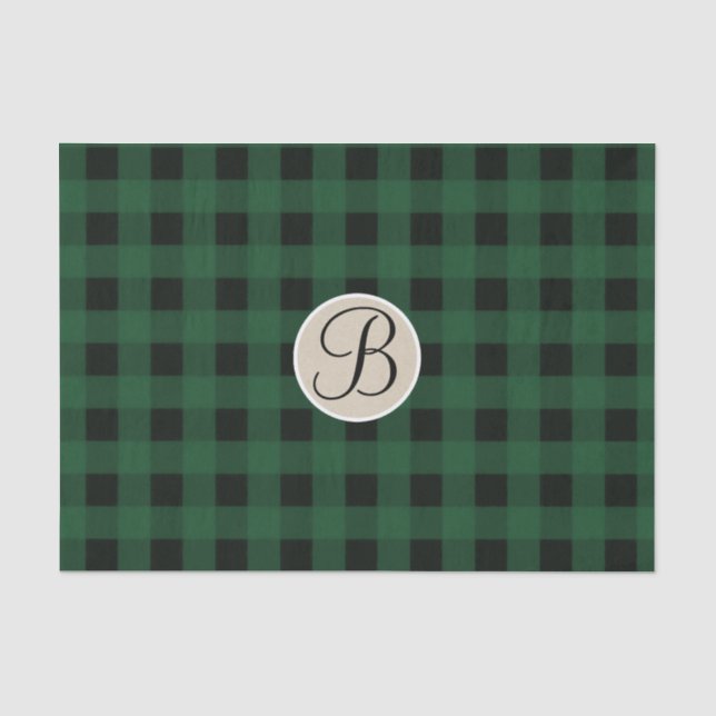 Papier Mousseline Vérification Carreaux Vert Noir Rustique Monogramm (Recto)