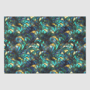 Papier Mousseline Verre turquoise, bleu et or peacock