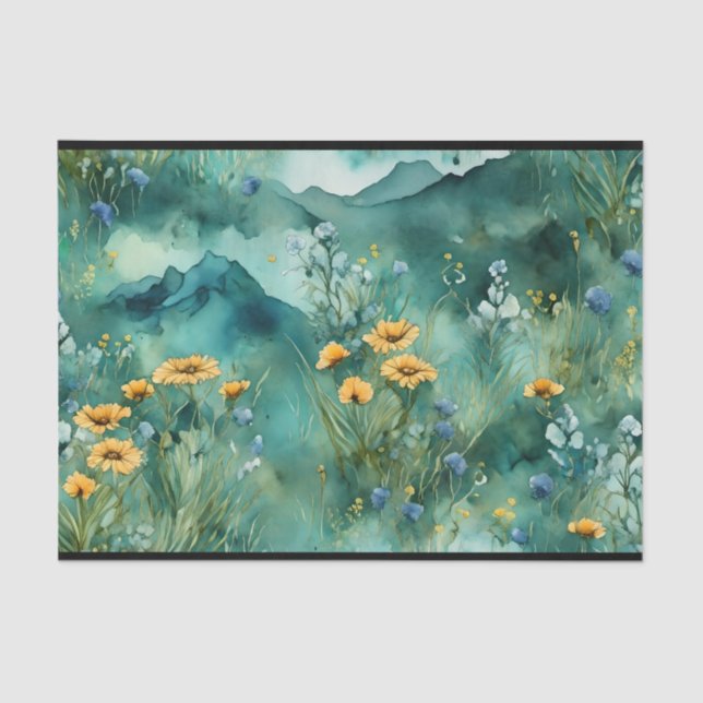 Papier Mousseline Vert doux paysage aquarelle fleurs sauvages (Recto)