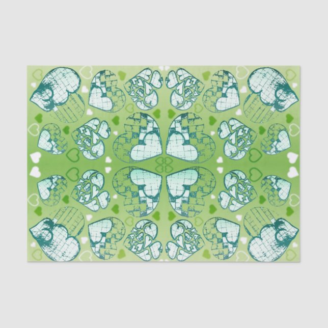 Papier Mousseline Vert et blanc Whimsical Romantique Coeurs motif (Recto)
