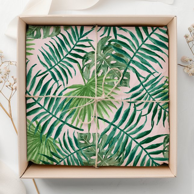 Papier Mousseline Vert feuillage tropical sur aquarelle rose (Créateur téléchargé)