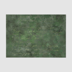 Papier Mousseline Vert forêt et or damassé calligraphie vintage