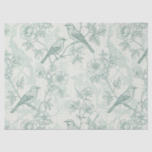 Papier Mousseline Vert menthe toile de Jouy française oiseaux et fle
