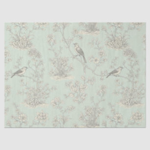 Papier Mousseline Vert menthe toile de Jouy française oiseaux et fle