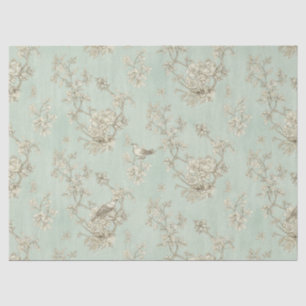 Papier Mousseline Vert menthe toile de Jouy française oiseaux et fle