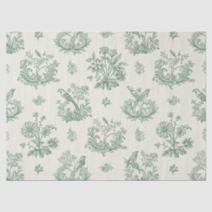 Papier Mousseline Vert menthe toile de Jouy française oiseaux et fle