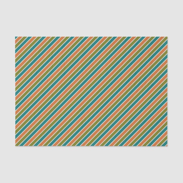 Papier Mousseline Vert olive, Turquoise et orange rayé (Recto)