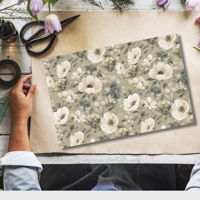 Papier Mousseline Vert Sage Et Floral Crème (Créateur téléchargé)