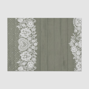 Papier Mousseline Vert Sauge Bois Rustique & Dentelle Blanche Fermiè