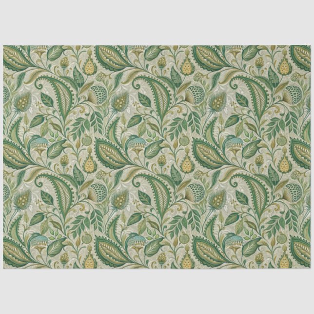 Papier Mousseline Vert sauge crème Paisley (Recto)
