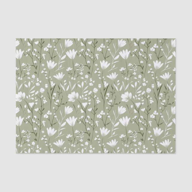 Papier Mousseline Vert sauge et blanc floral Mariage Anniversaire  (Recto)
