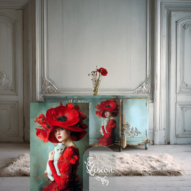 Papier Mousseline Vibrant Affections Coquelicots Portrait & Chat  (Whimsical Portrait, Poppy Couture, and white cat, Decoupage Tissue Paper.)