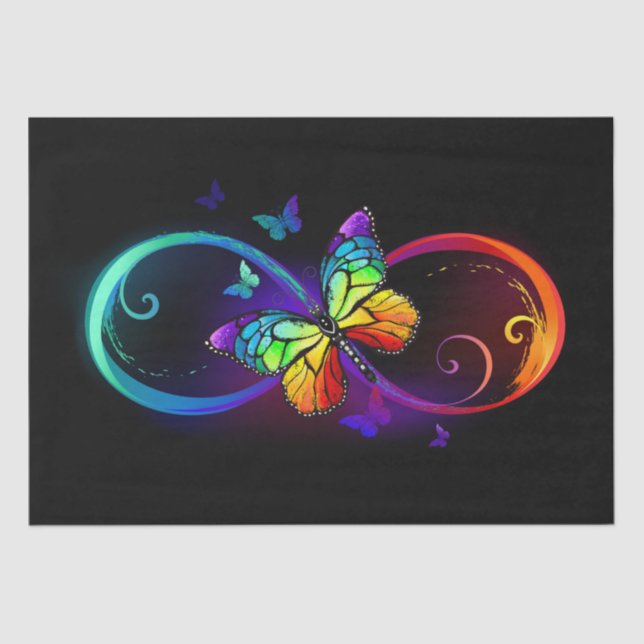 Papier Mousseline Vibrant infinity with rainbow butterfly on black (Recto)