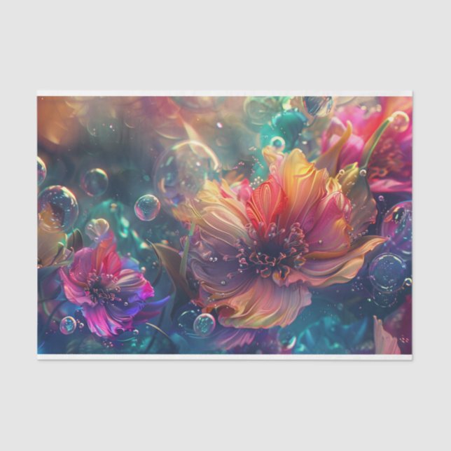 Papier Mousseline Vibrant rose orange Turquoise Floral Découpage (Recto)