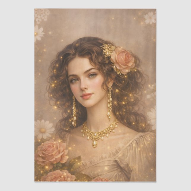 Papier Mousseline Victorian Era Lady Golden Rose Portrait Style (Recto)
