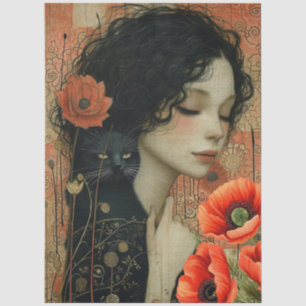 Papier Mousseline Victorian Girl Chat noir Rouge Poppies Art Abstrai