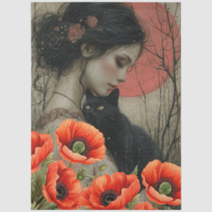 Papier Mousseline Victorian Girl Chat noir Rouge Poppies Art Abstrai
