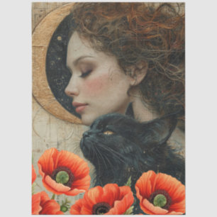 Papier Mousseline Victorian Girl Chat noir Rouge Poppies Art Abstrai
