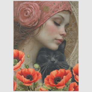 Papier Mousseline Victorian Girl Chat noir Rouge Poppies Art Abstrai