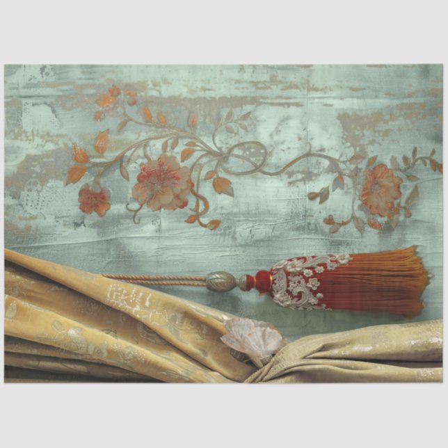 Papier Mousseline Victorian Glam Gold Drape Red Tassel Teal Floral (Recto)