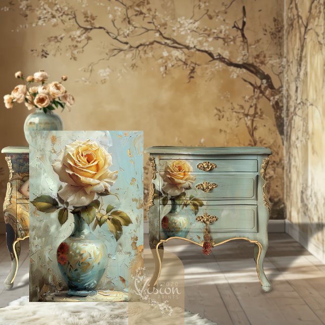 Papier Mousseline Victorian Glam Golden Rose Teal Vase Oil Impasto (Rose panel propped beside decoupaged teal chest with gold frames on wall tree mural backdrop)