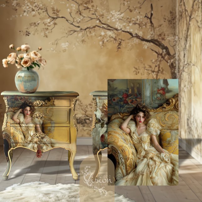 Papier Mousseline Victorian Glam Lady Gold Baroque Sofa Cream Gown (Victorian lady portrait propped beside gold and teal decoupaged chests tree mural backdrop)